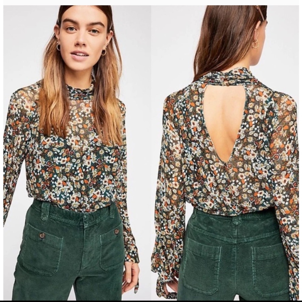 Free People All Dolled Up Floral Sheer Mesh Blouse